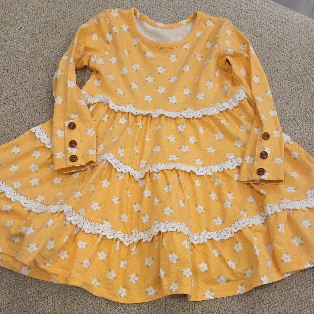 Girls Yellow Floral Lace-Trim Tiered Dress